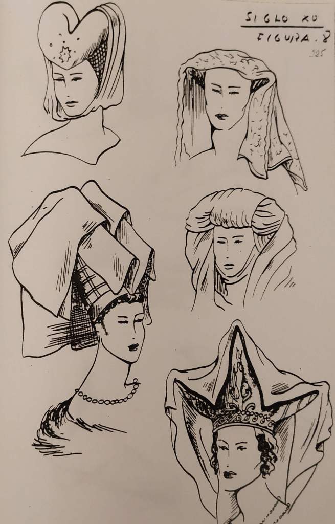 Dibujo que nos muestra cinco diferentes tocados femeninos medievales: el tocado de dos lobulos, un escofion, un tocado conico con velo sobre una armazon de cobre, una cofia guimpe, y una preciosa cofia con tres puntas y cuajada de joyas.